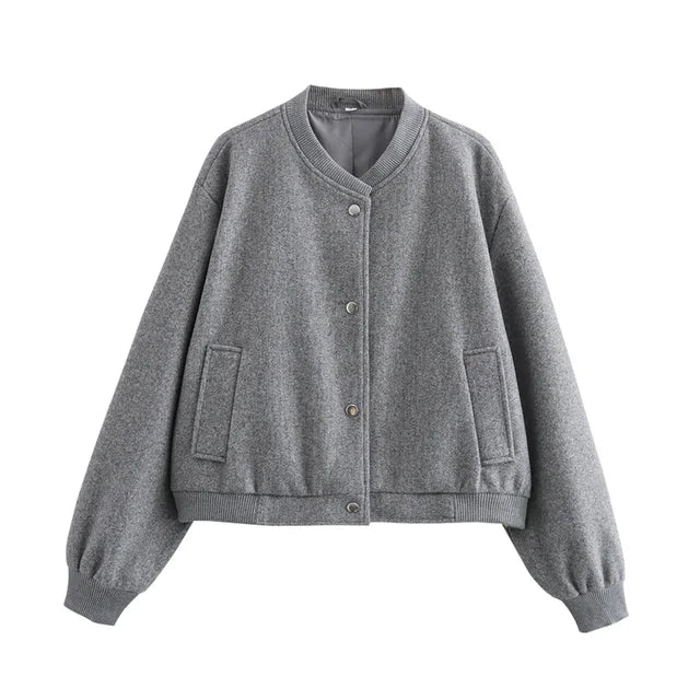 TRAF  Women Jacket Cropped Bomber Jackets For Women Beige Black Tweed Jacket Woman Fashion Long Sleeve New In Short Coats