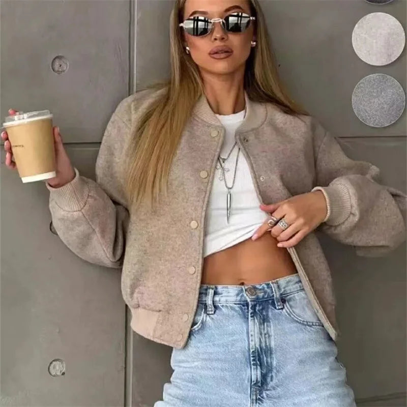 TRAF  Women Jacket Cropped Bomber Jackets For Women Beige Black Tweed Jacket Woman Fashion Long Sleeve New In Short Coats