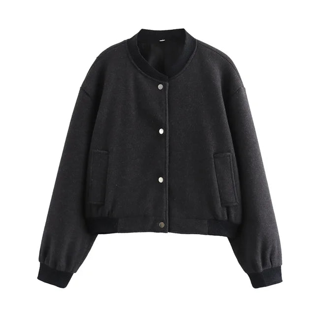 TRAF  Women Jacket Cropped Bomber Jackets For Women Beige Black Tweed Jacket Woman Fashion Long Sleeve New In Short Coats