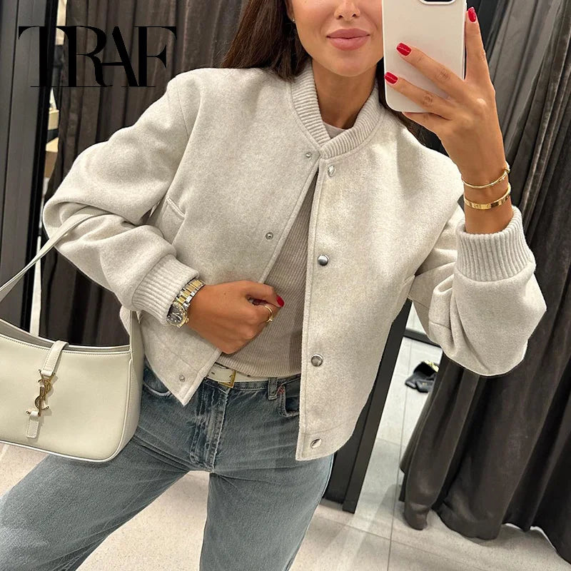 TRAF  Women Jacket Cropped Bomber Jackets For Women Beige Black Tweed Jacket Woman Fashion Long Sleeve New In Short Coats
