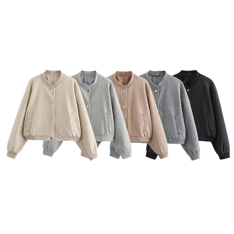 TRAF  Women Jacket Cropped Bomber Jackets For Women Beige Black Tweed Jacket Woman Fashion Long Sleeve New In Short Coats
