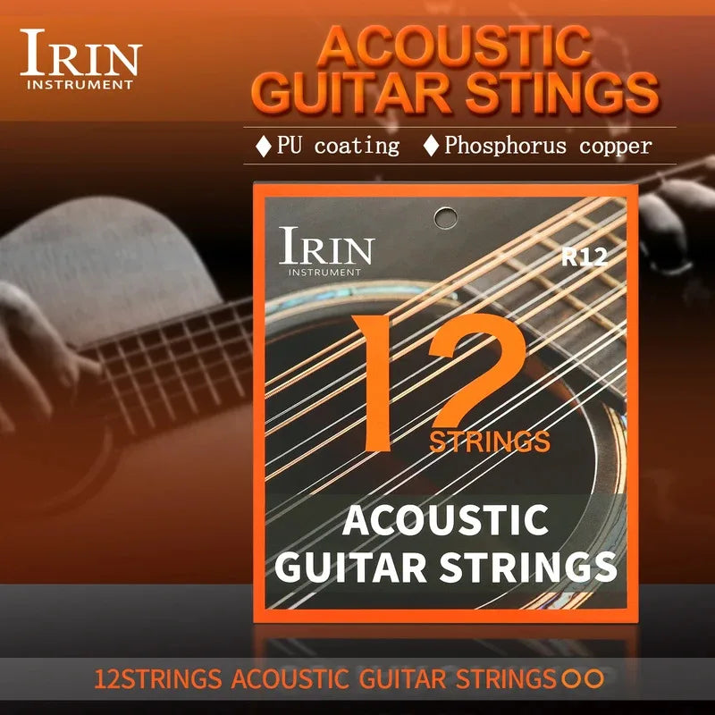 IRIN R12 12-String Phosphor Bronze Acoustic Guitar Strings, PU Coated - Bright Sound, Smooth Finish for Folk/Classical, Stage &