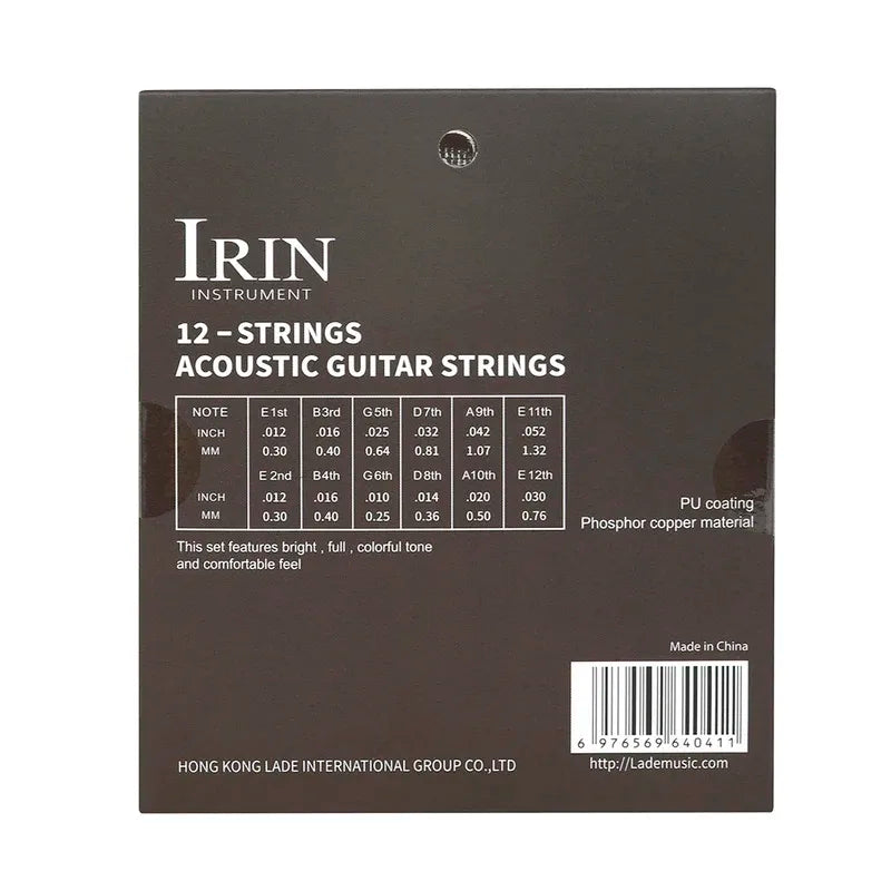 IRIN R12 12-String Phosphor Bronze Acoustic Guitar Strings, PU Coated - Bright Sound, Smooth Finish for Folk/Classical, Stage &